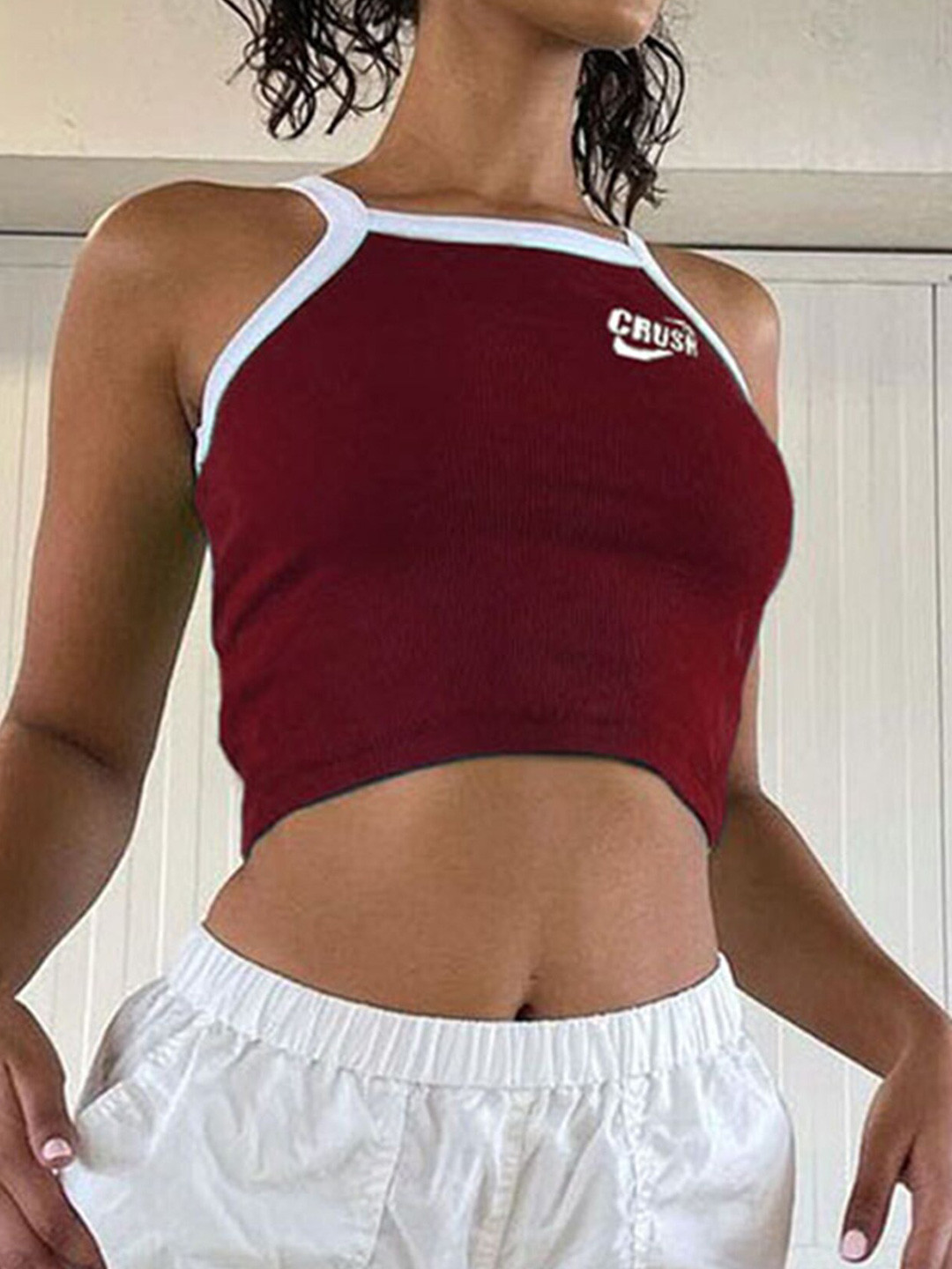

LULU & SKY Halter Neck Fitted Crop Top, Red