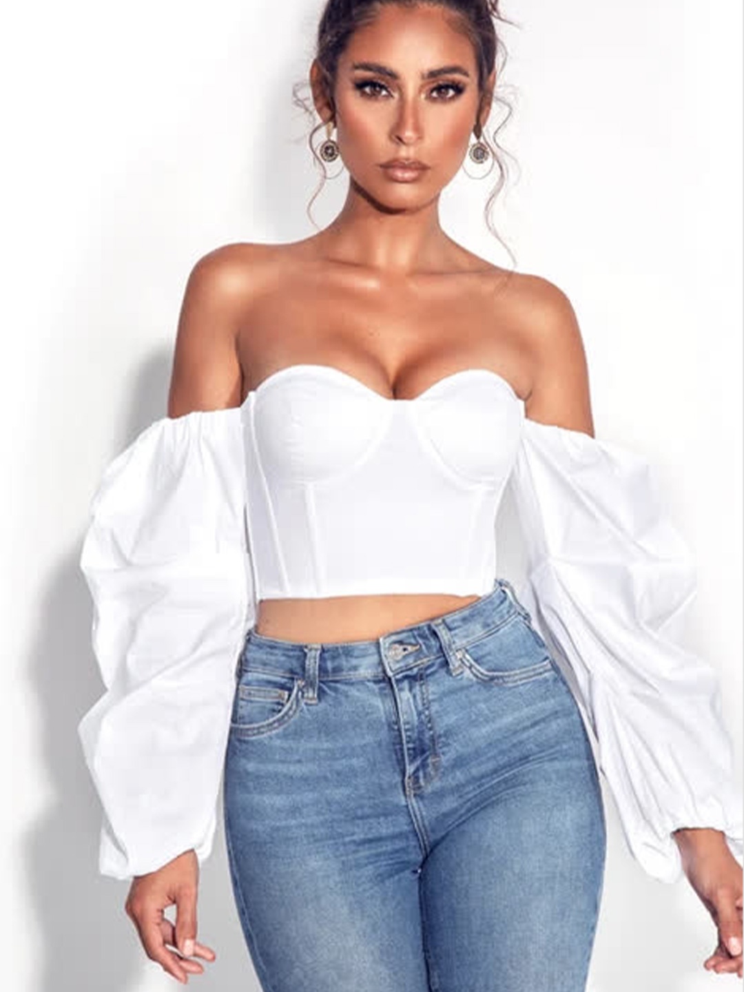 

LULU & SKY Off-Shoulder Puff Sleeves Crop Corset Top, White