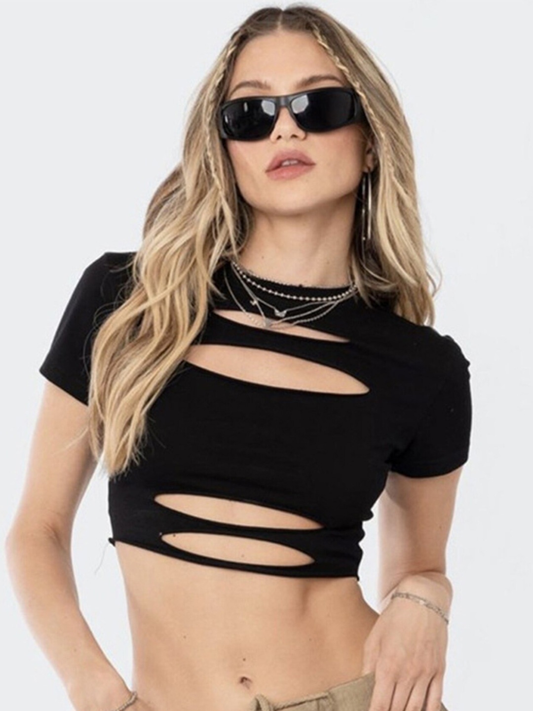 

LULU & SKY Self Design Cut out Crop Top, Black