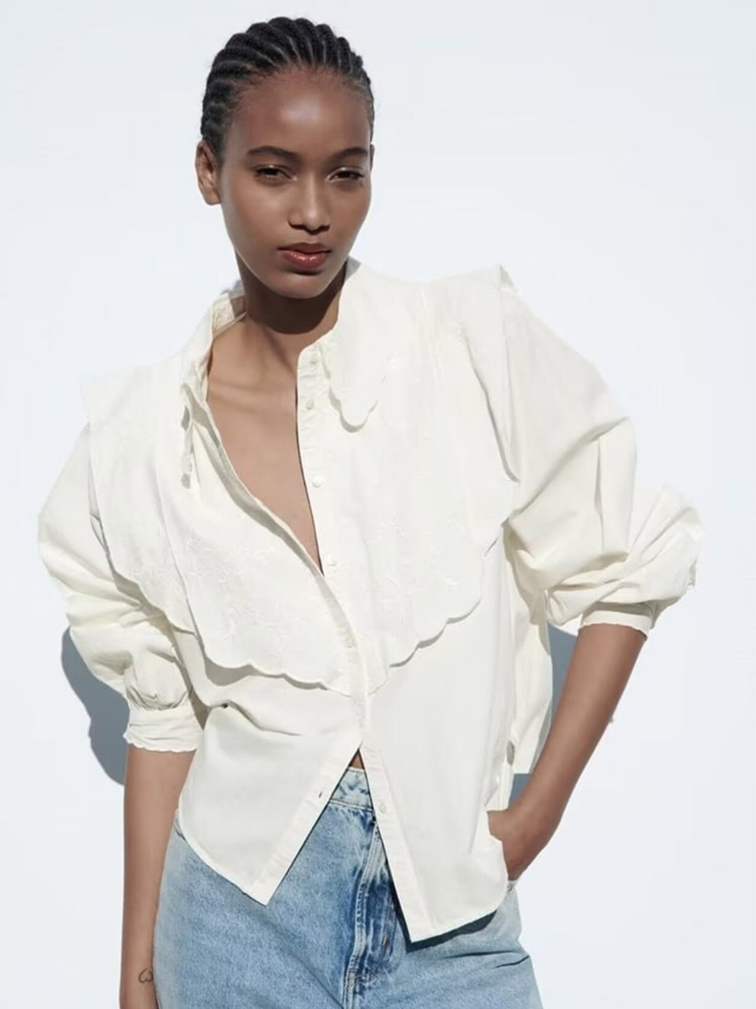 

LULU & SKY Shirt Collar Puff Sleeve Shirt Style Top, White
