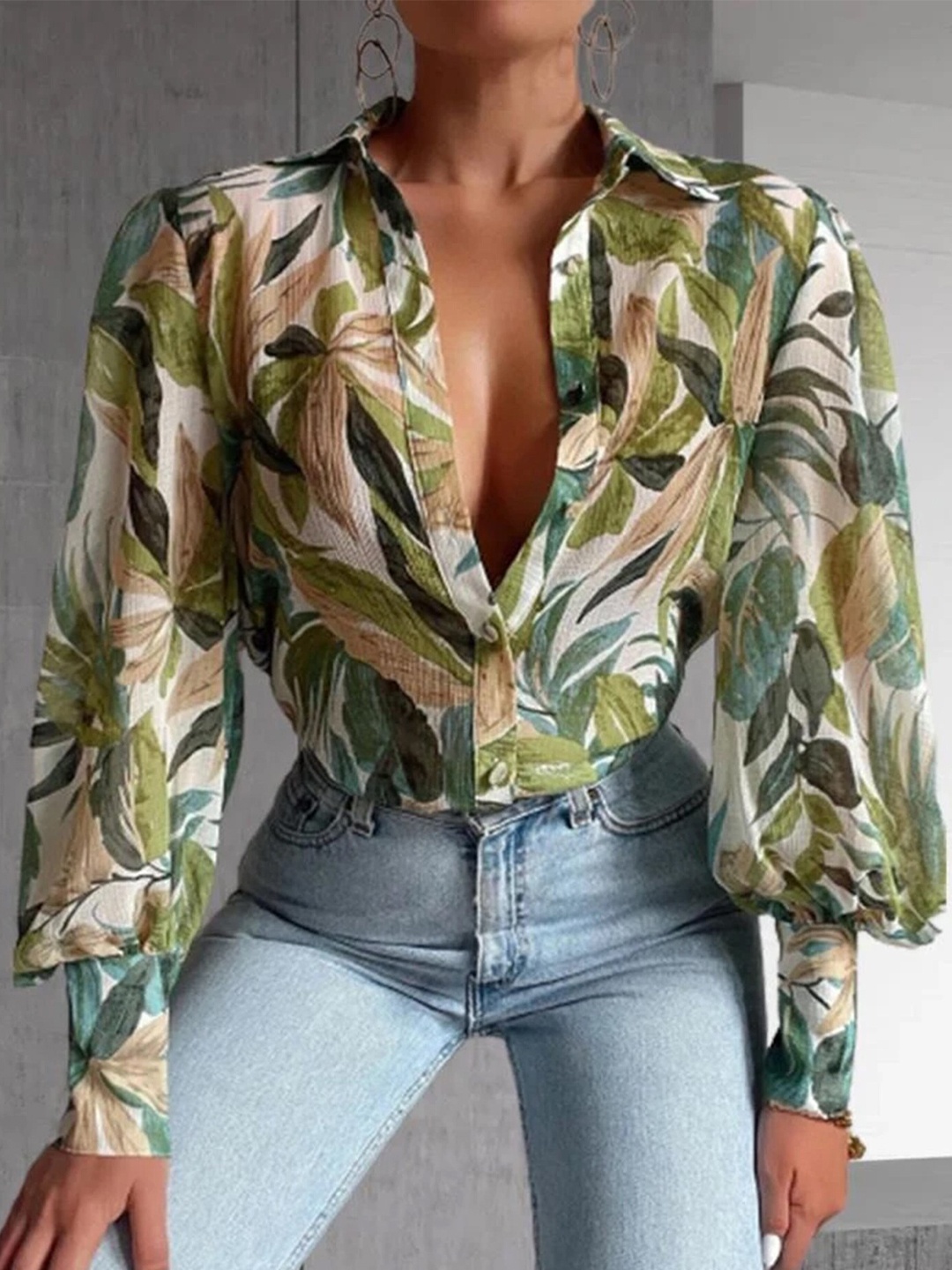 

LULU & SKY Tropical Printed Cuffed Sleeves Shirt Style Top, Green