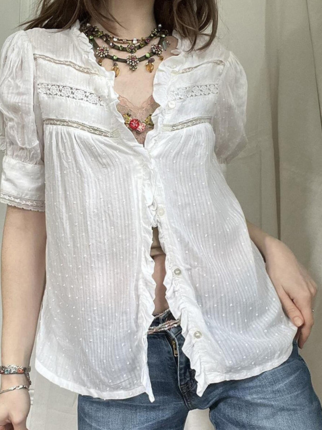 

LULU & SKY Self Design Mandarin Collar Puff Sleeves Ruffles Detail Cotton Shirt Style Top, White