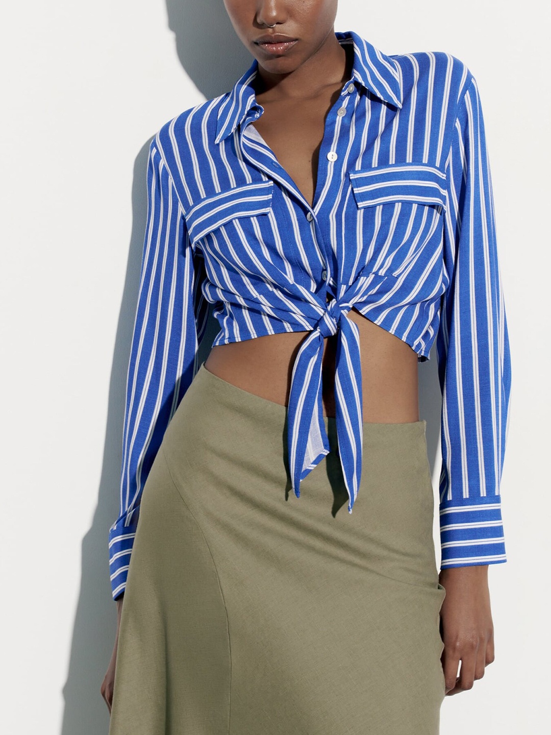 

LULU & SKY Vertical Stripes Striped Shirt Collar Cuffed Sleeves Shirt Style Crop Top, Blue