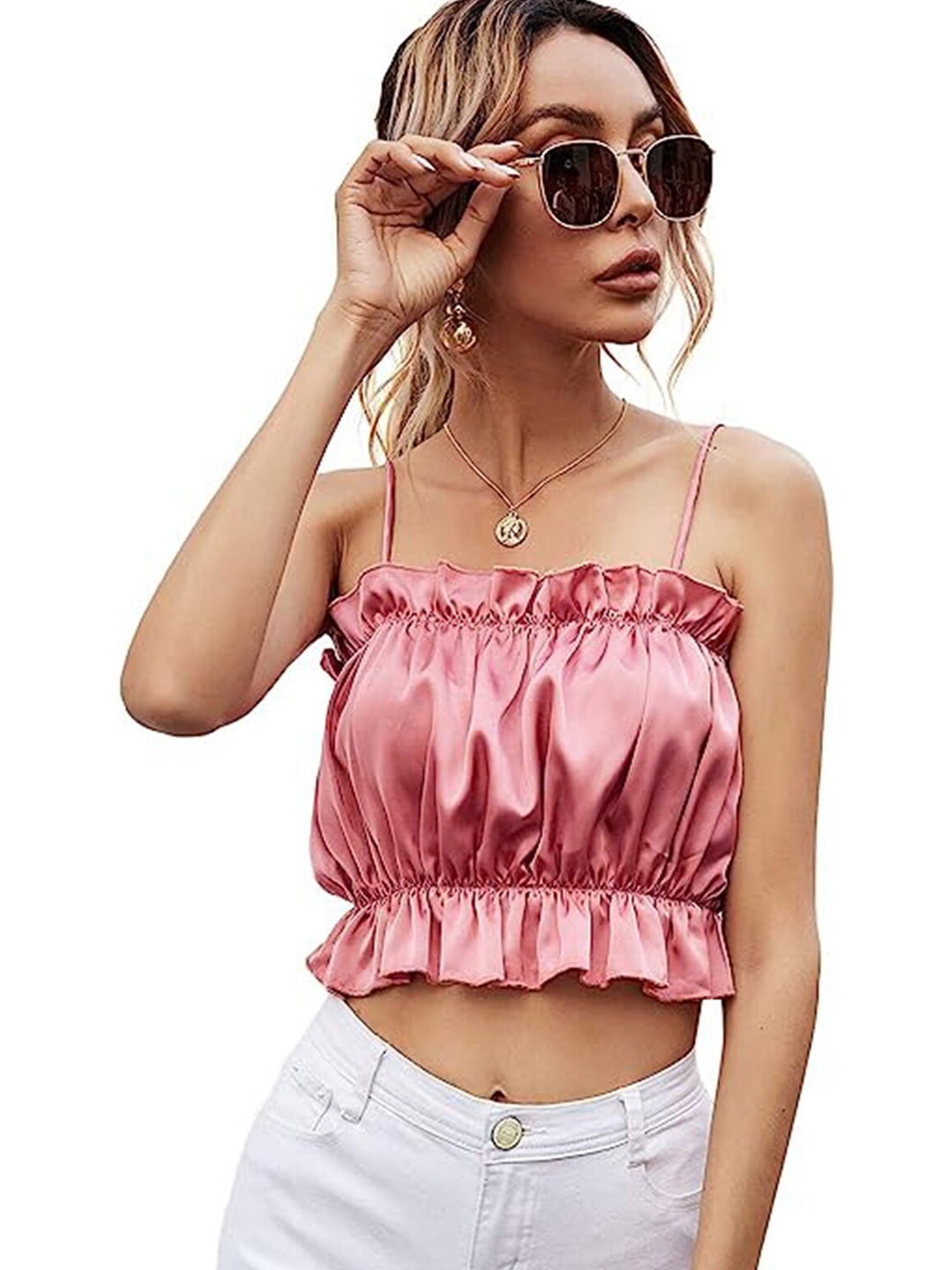 

LULU & SKY Shoulder Straps Blouson Crop Top, Pink