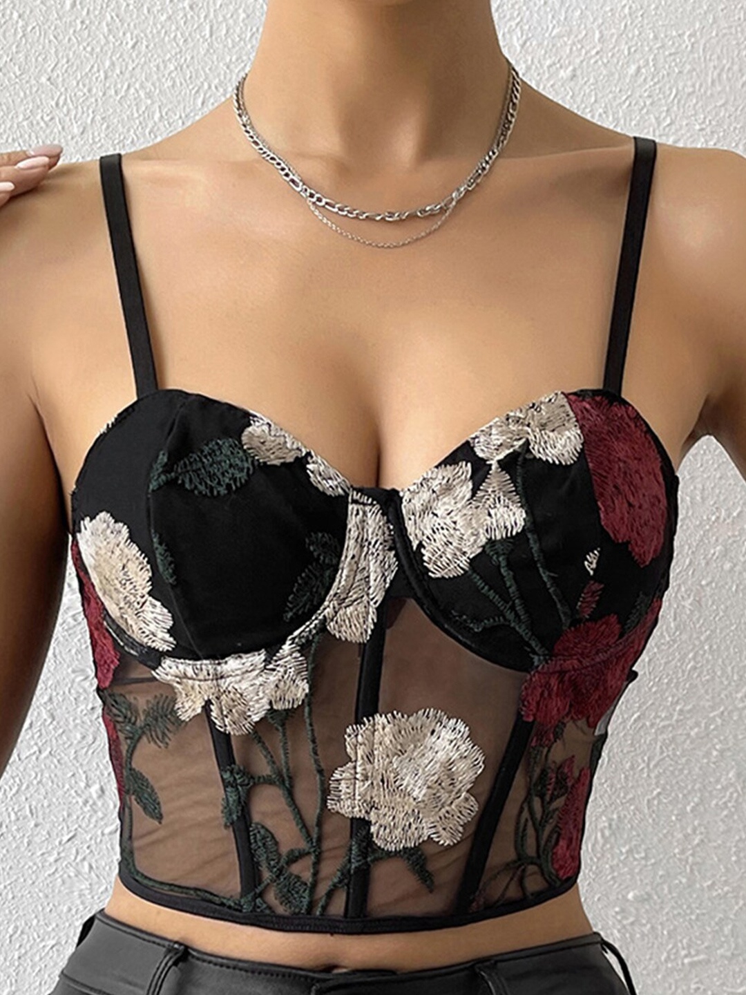 

LULU & SKY Floral Embroidered Shoulder Straps Bralette Crop Top, Black