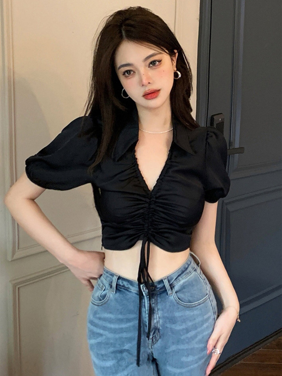 

LULU & SKY Puff Sleeves Ruched Fitted Satin Crop Top, Black