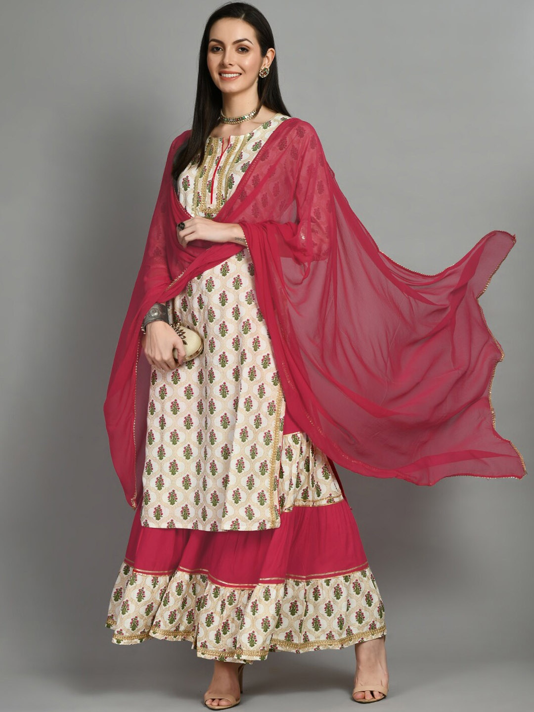 

DOISA Floral Printed Sequinned Pure Cotton Kurta with Sharara & Dupatta, Beige