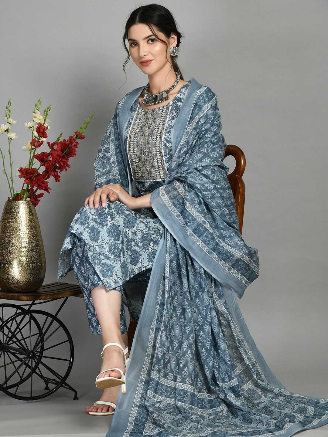 

DOISA Ethnic Motifs Printed Thread Work Pure Cotton Kurta with Trousers & Dupatta, Grey