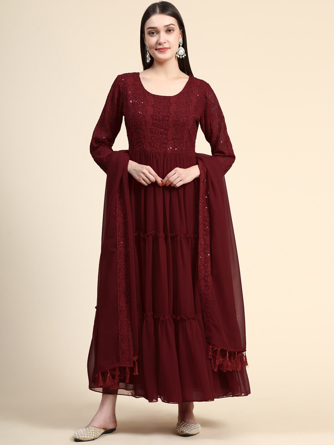 

BLACK SCISSOR Ethnic Motifs Embroidered Maxi Gown With Dupatta, Maroon