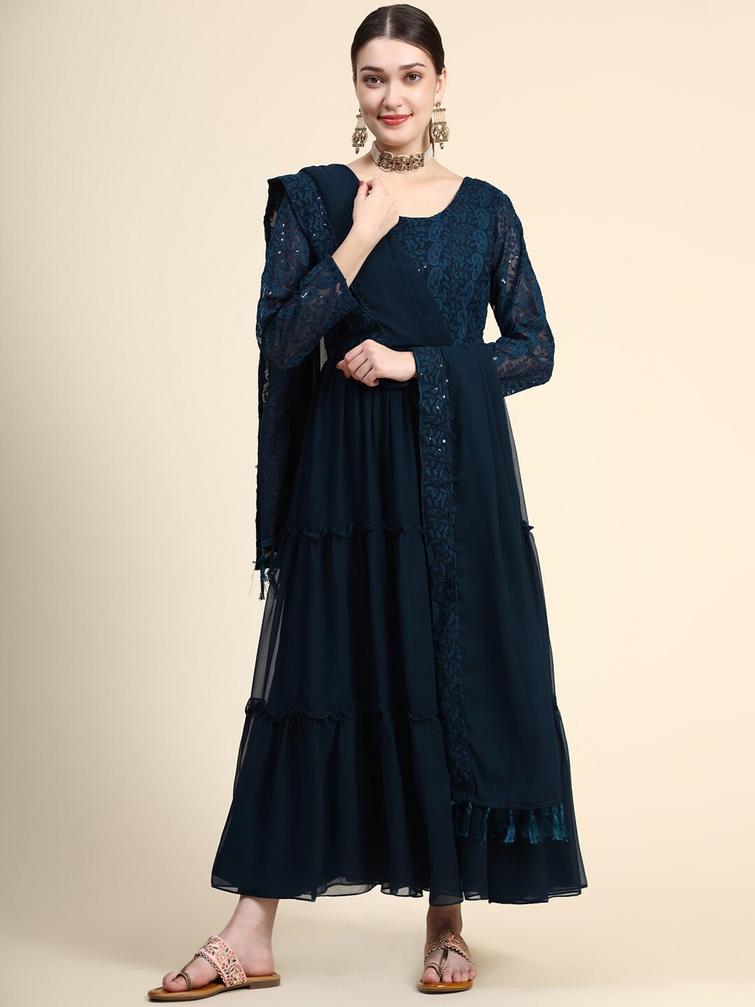 

BLACK SCISSOR Paisley Embroidered Gown Ethnic Dress With Dupatta, Teal