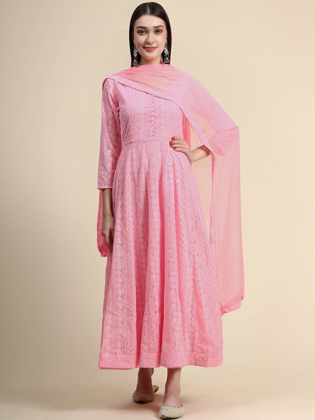 

BLACK SCISSOR Ethnic Motifs Embroidered Georgette A Line Ethnic Dress With Dupatta, Pink
