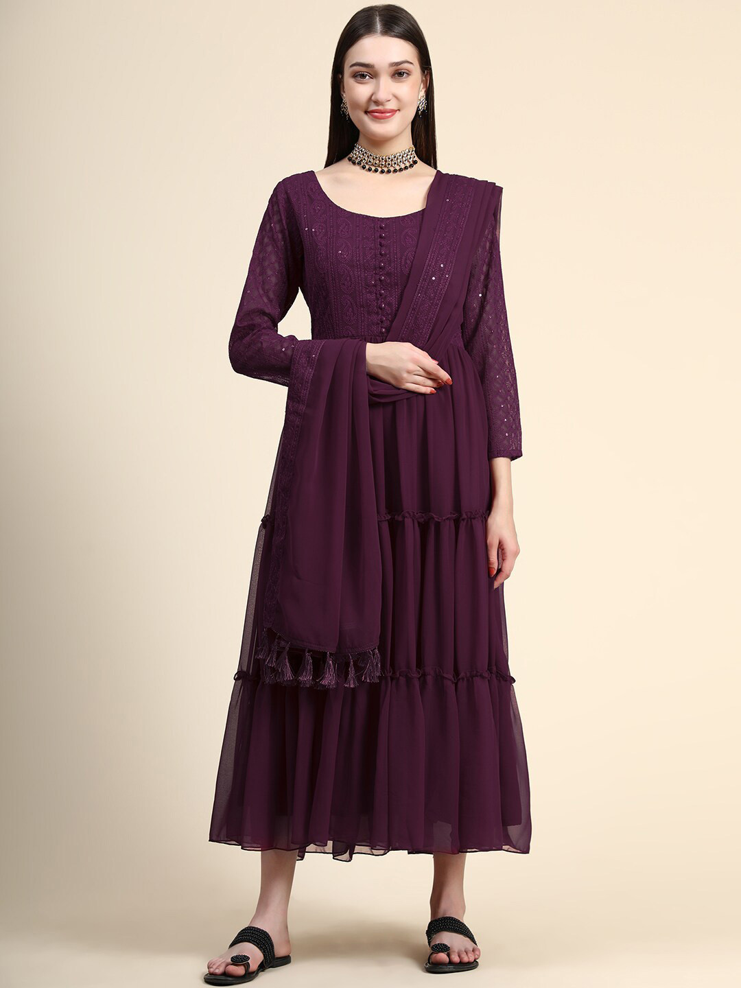 

BLACK SCISSOR Ethnic Motifs Embroidered Georgette A Line Maxi Ethnic Dress With Dupatta, Burgundy