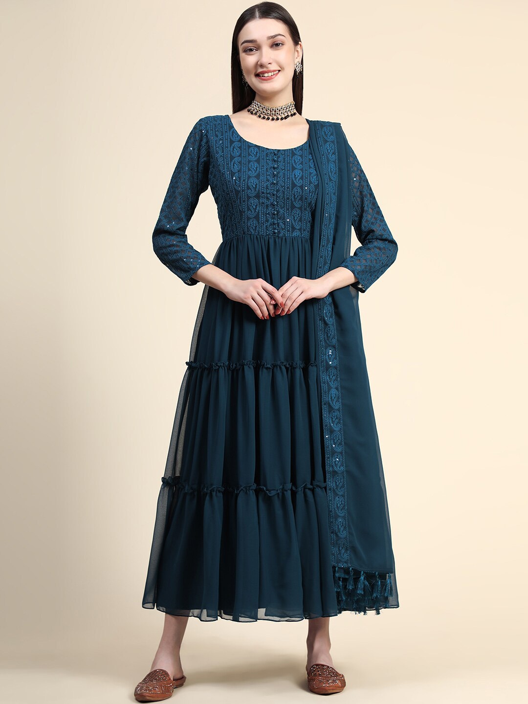 

BLACK SCISSOR Ethnic Motifs Embroidered Maxi Gown With Dupatta, Teal