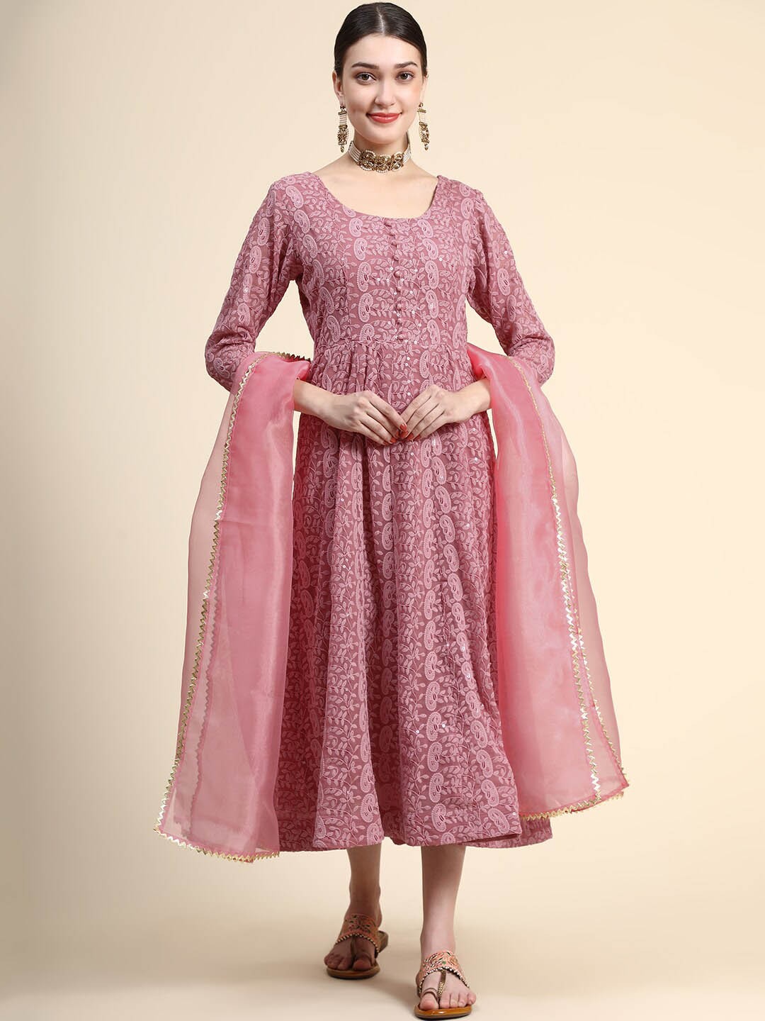 

BLACK SCISSOR Ethnic Motifs Embroidered Georgette A Line Maxi Ethnic Dress With Dupatta, Pink