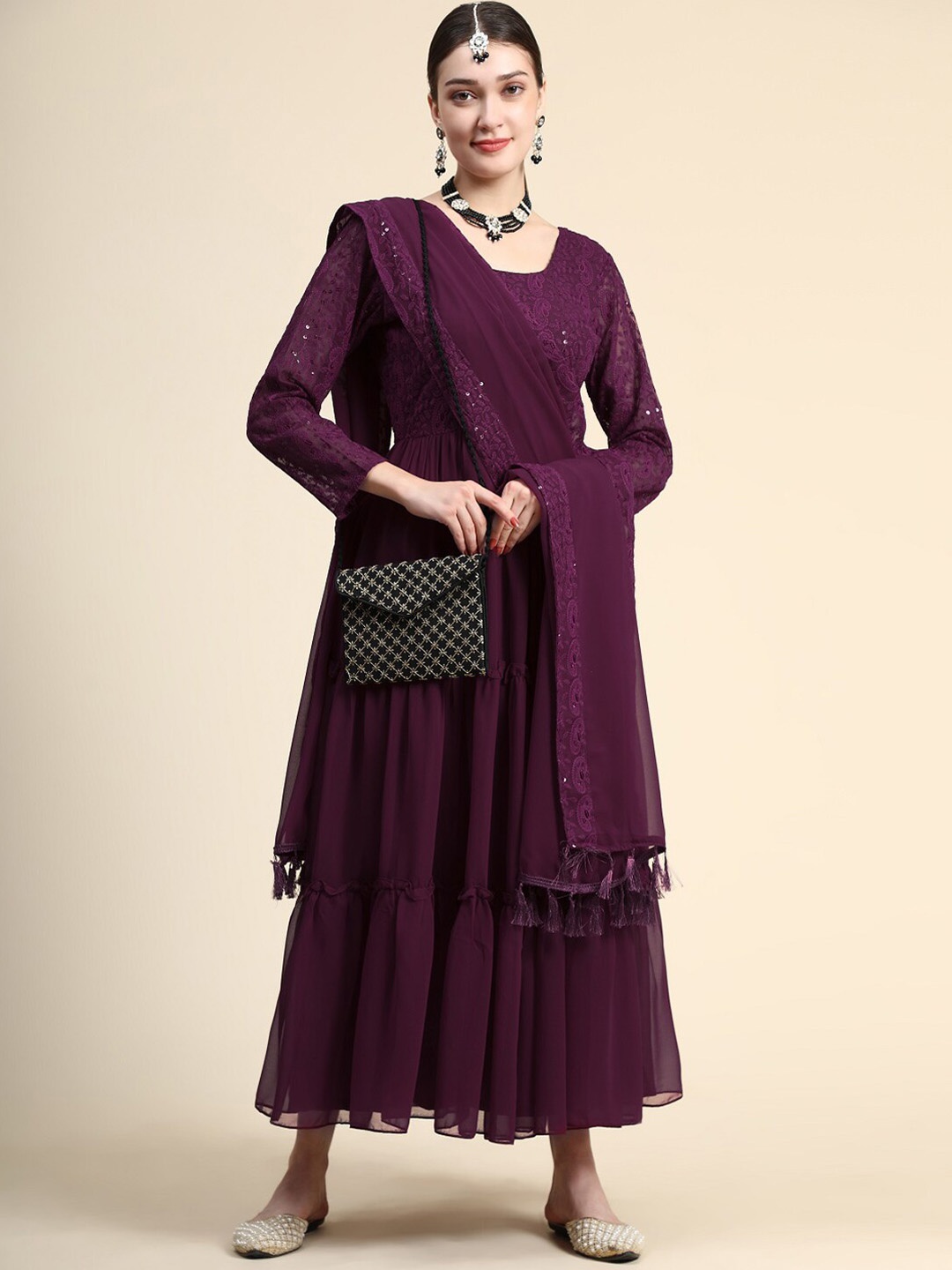 

BLACK SCISSOR Ethnic Motifs Embroidered Maxi Gown With Dupatta, Burgundy