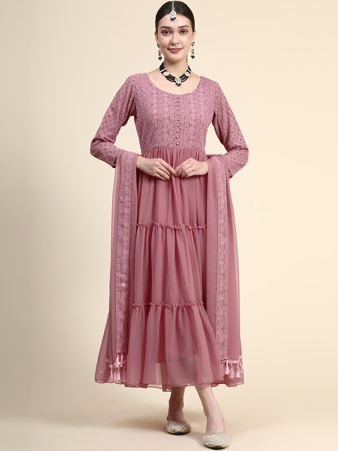 

BLACK SCISSOR Ethnic Motifs Embroidered Maxi Gown With Dupatta, Pink