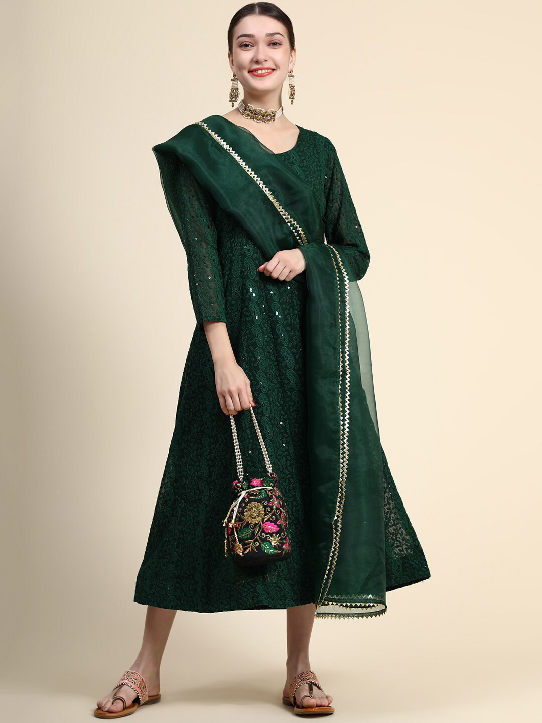 

BLACK SCISSOR Paisley Embroidered Gown Ethnic Dress With Dupatta, Green