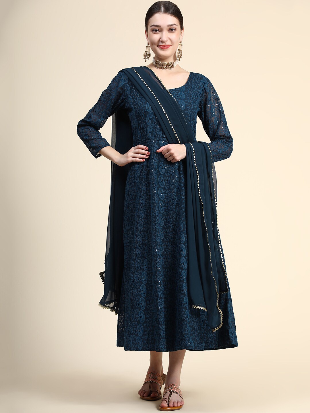 

BLACK SCISSOR Paisley Embroidered Gown Ethnic Dress With Dupatta, Teal