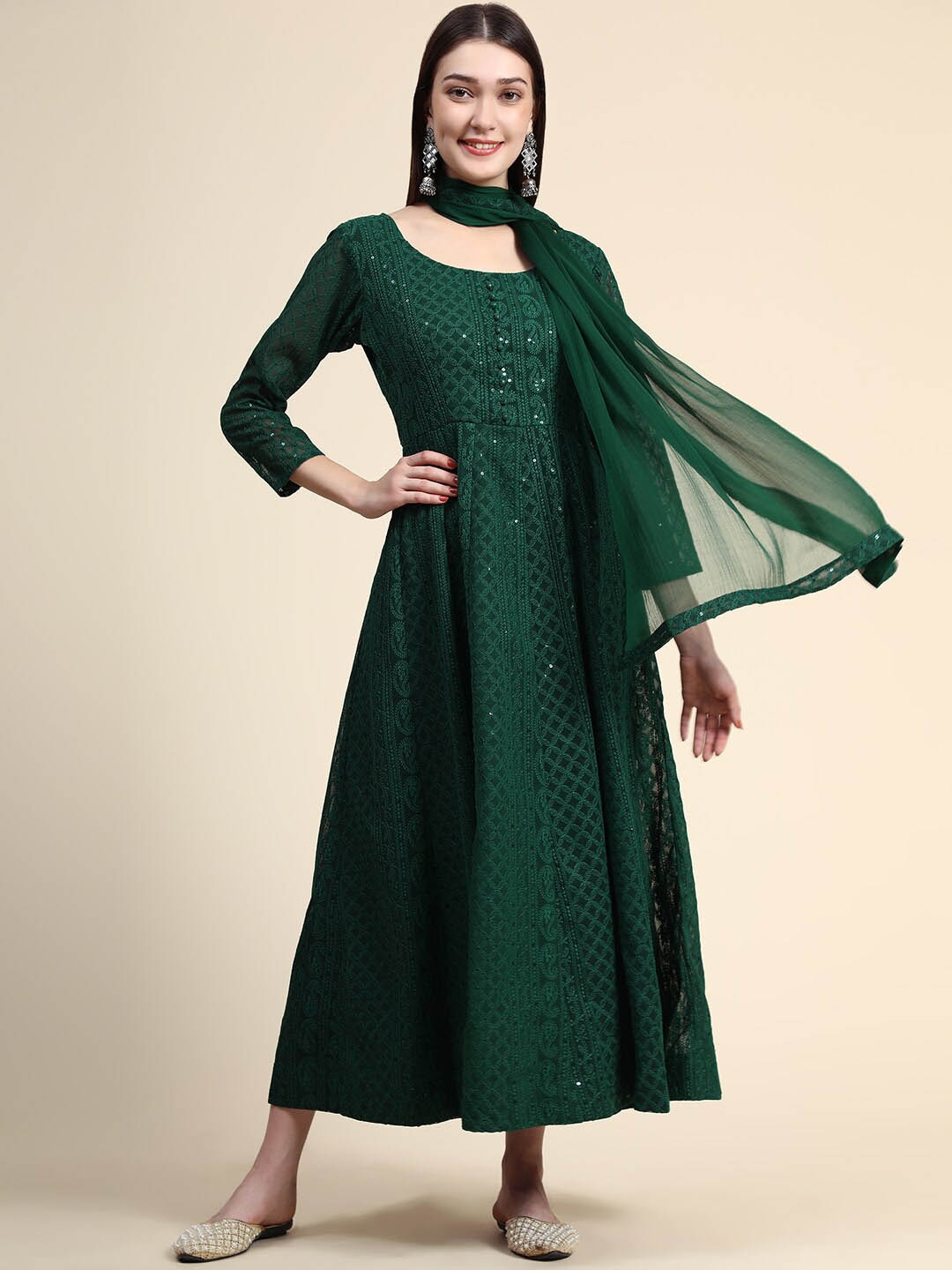 

BLACK SCISSOR Ethnic Motifs Embroidered Chikankari Maxi Gown With Dupatta, Green