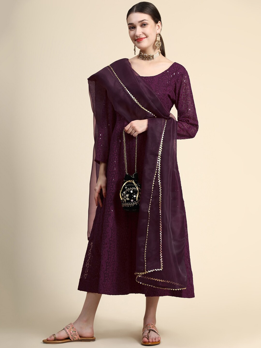

BLACK SCISSOR Ethnic Motifs Embroidered Maxi Gown With Dupatta, Burgundy