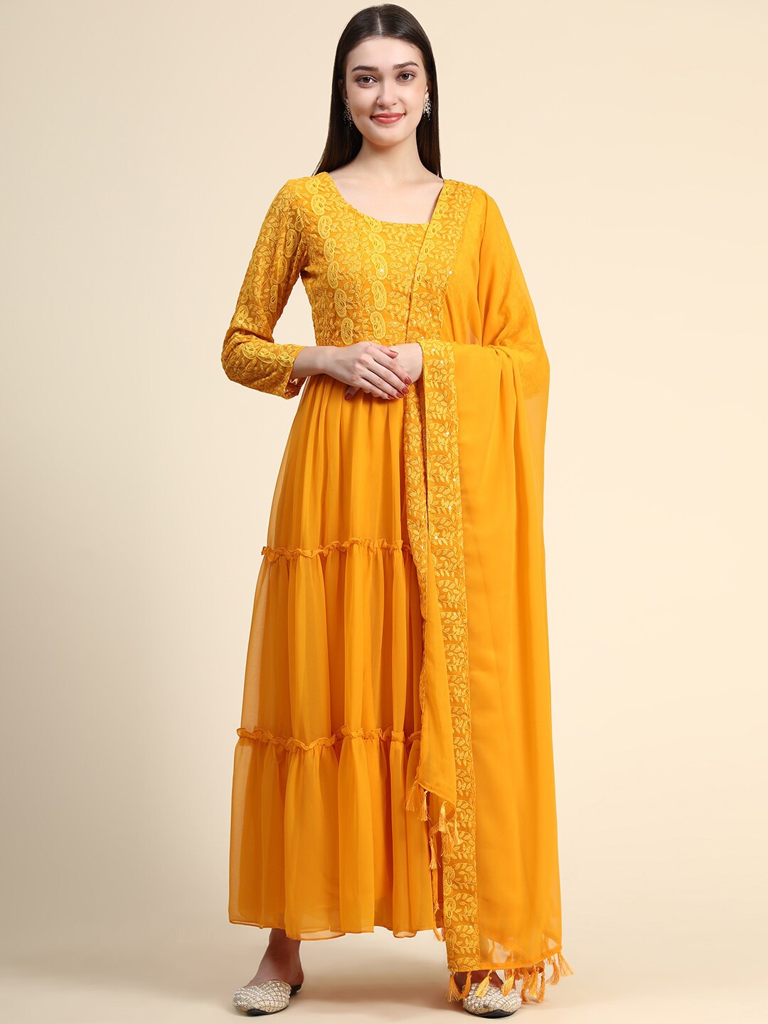 

BLACK SCISSOR Paisley Embroidered Gown Ethnic Dress With Dupatta, Mustard