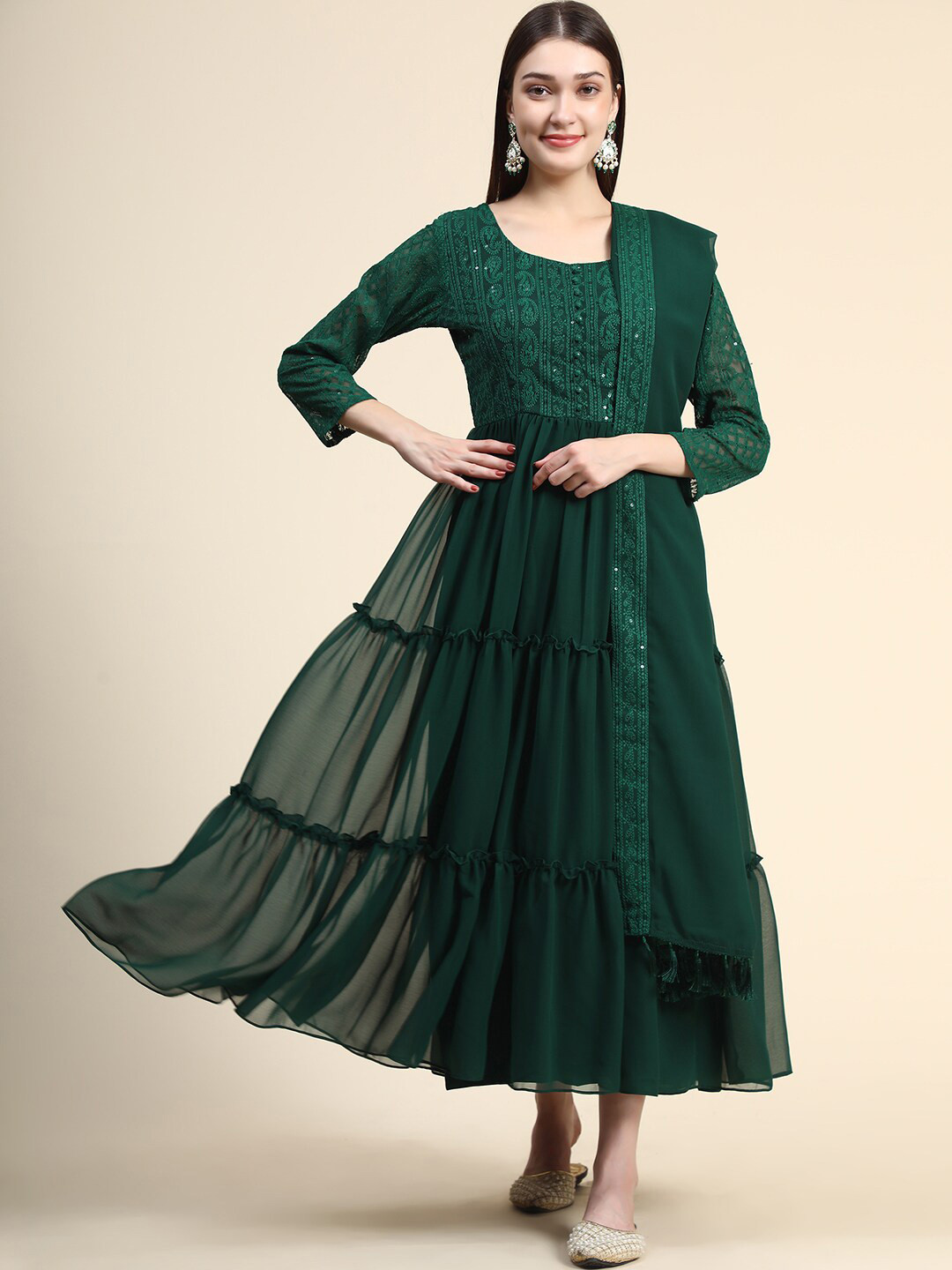 

BLACK SCISSOR Paisley Embroidered Gown Ethnic Dress With Dupatta, Green