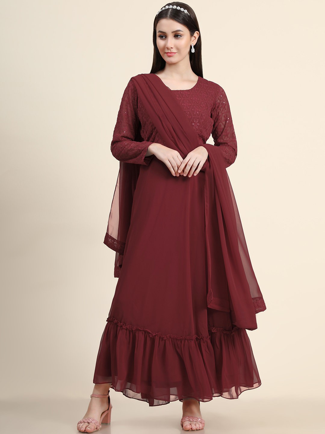 

BLACK SCISSOR Ethnic Motifs Embroidered Maxi Gown With Dupatta, Maroon