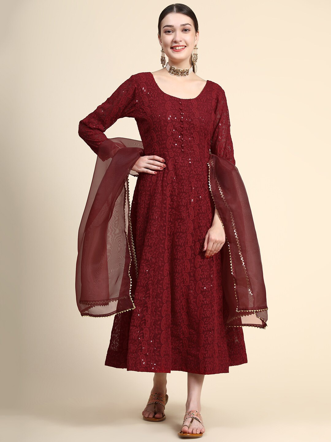 

BLACK SCISSOR Paisley Embroidered Gown Ethnic Dress With Dupatta, Maroon