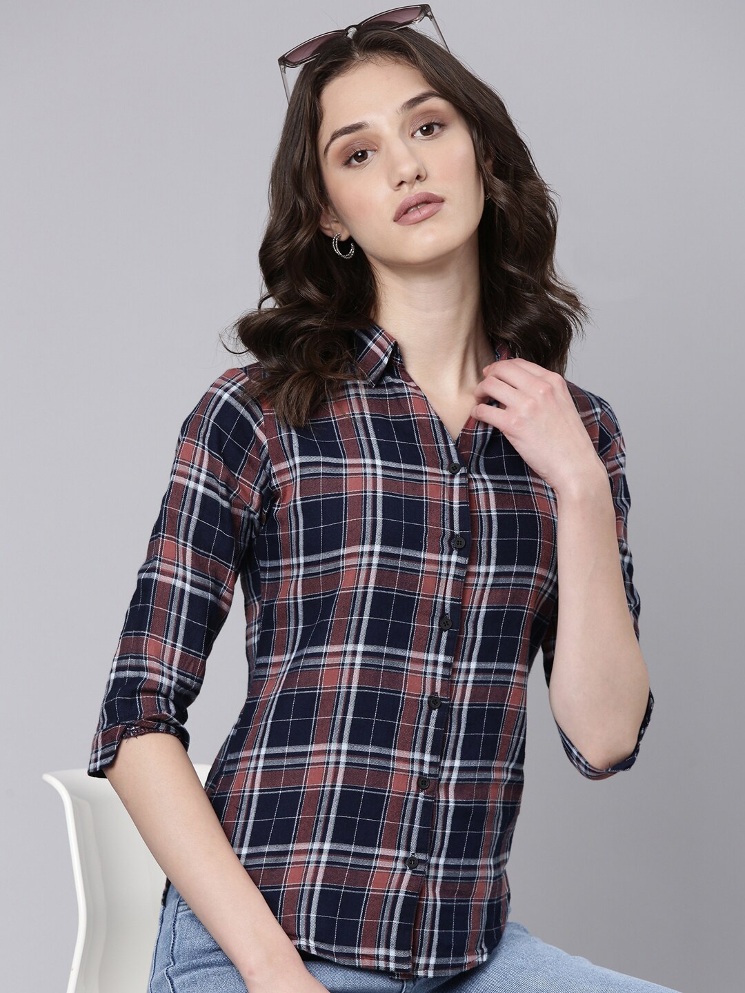 

SHOWOFF Slim Fit Tartan Checks Spread Collar Twill Cotton Casual Shirt, Navy blue