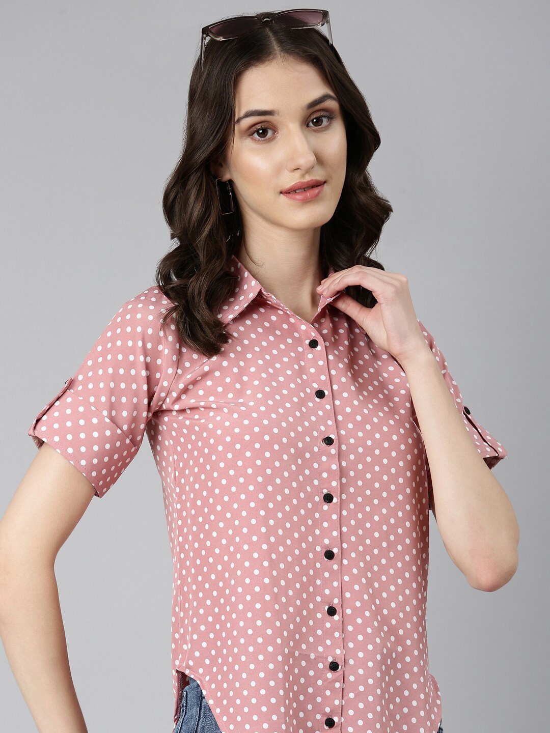 

SHOWOFF Slim Fit Opaque Polka Dot Printed Roll-Up Sleeves Crepe Casual Shirt, Peach