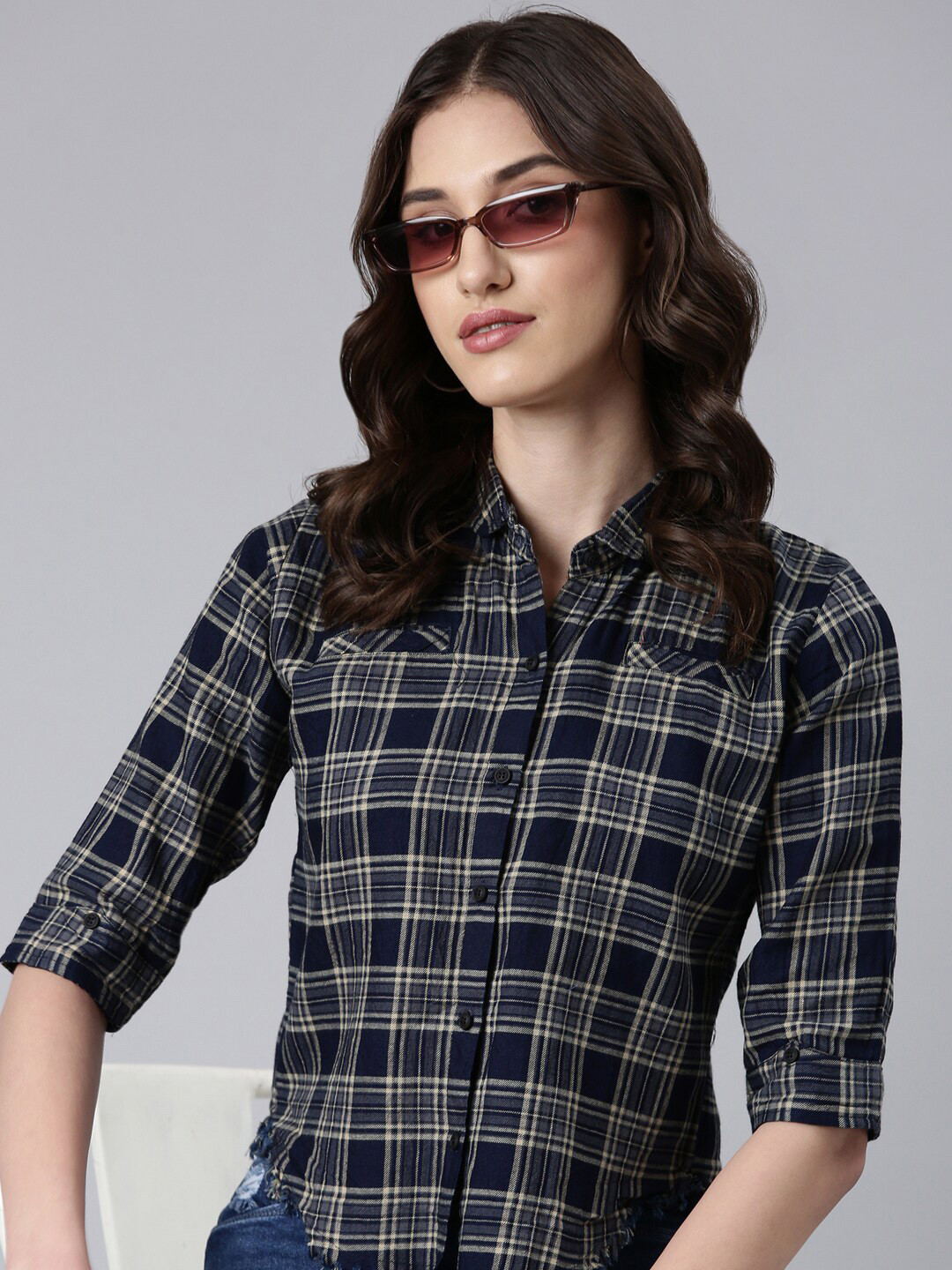 

SHOWOFF Slim Fit Tartan Checked Opaque Cotton Casual Shirt, Navy blue