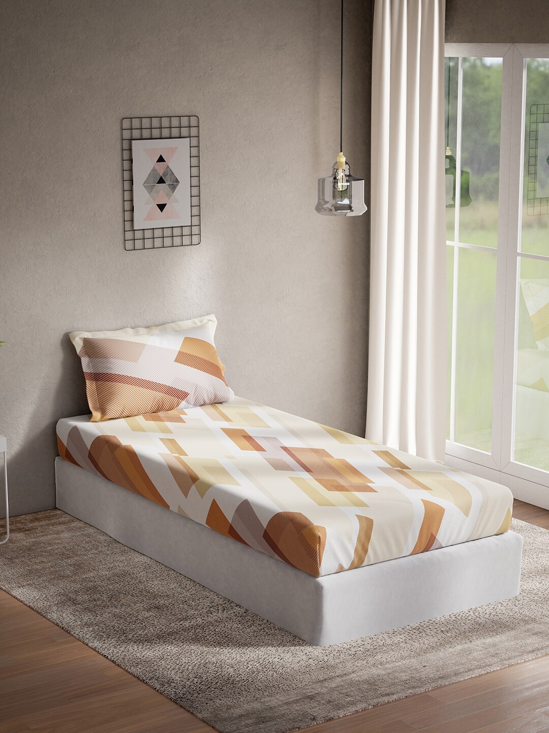 

DDecor White & Brown Geometric Printed Cotton 140 TC Single Bedsheet with 1 Pillow Cover