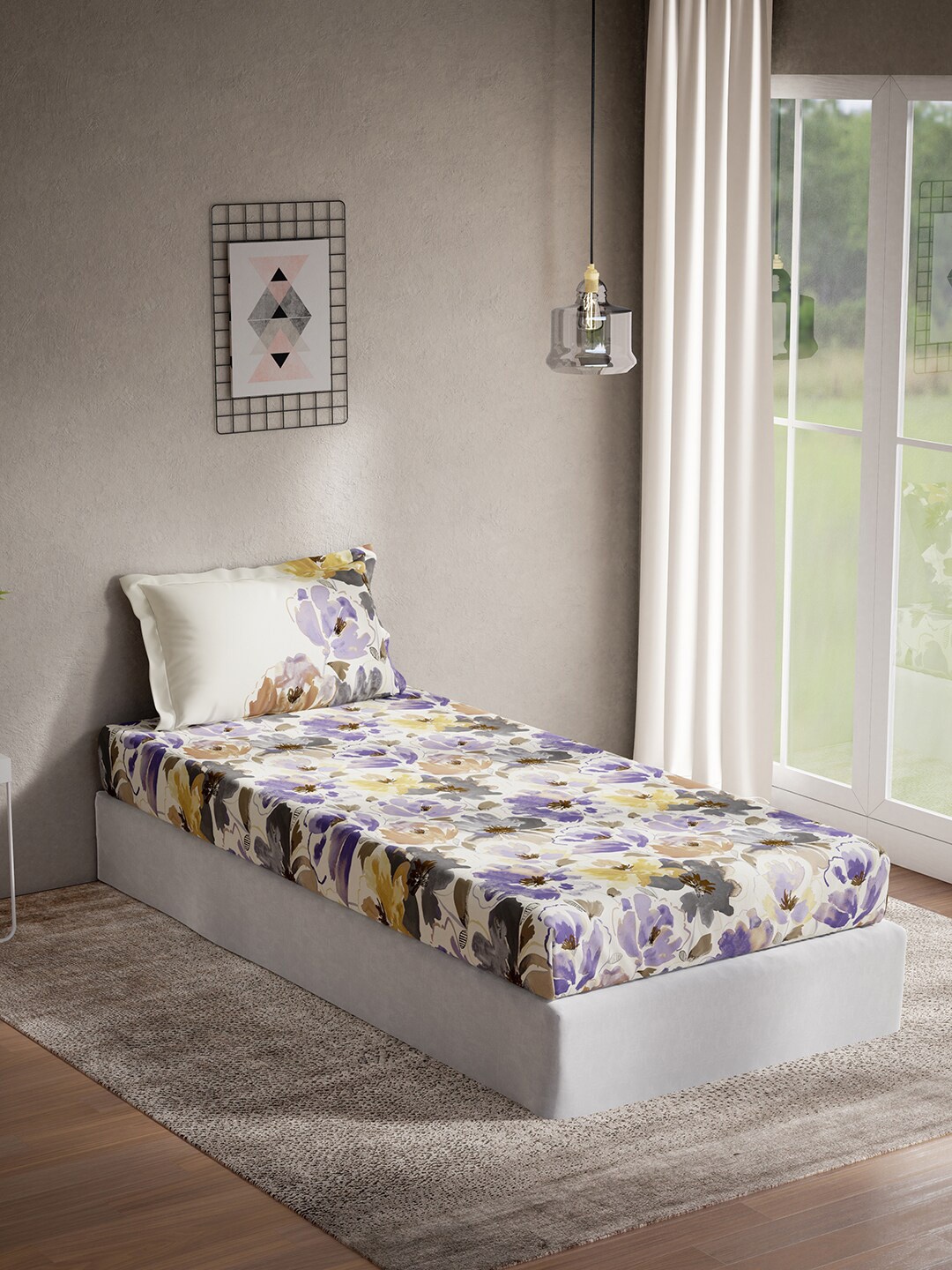 

DDecor Purple & Cream Floral Printed Cotton 140 TC Single Bedsheet with 1 Pillow Cover