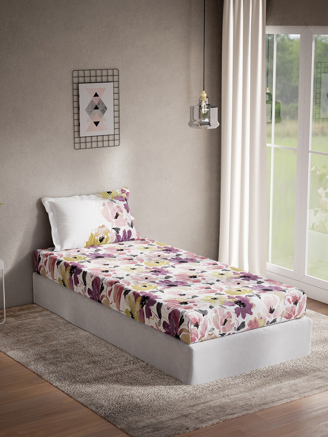 

DDecor Pink & White Floral Printed 140 Cotton TC Single Bedsheet with 1 Pillow Cover