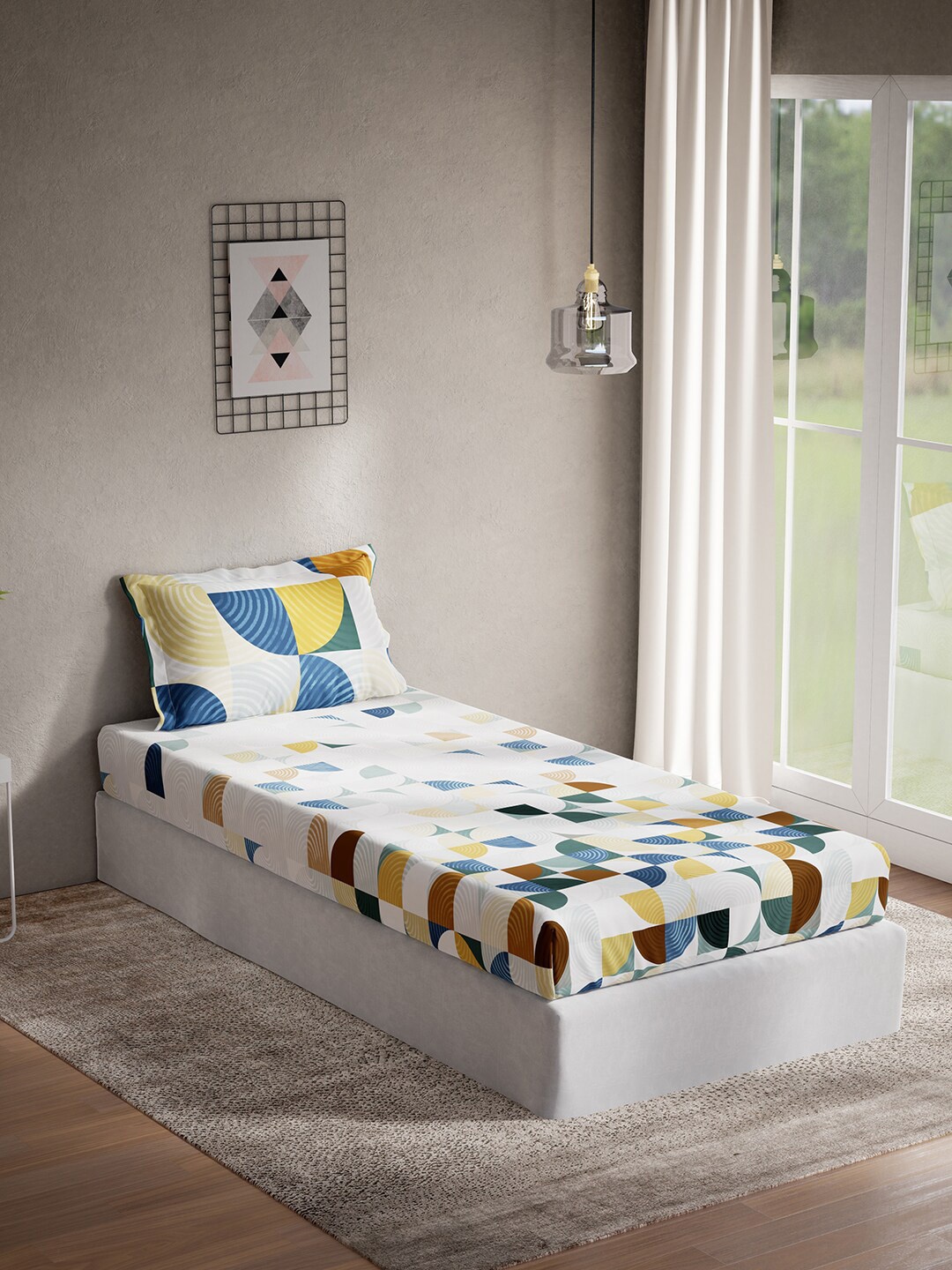 

DDecor Blue & White Geometric Printed Cotton 140 TC Single Bedsheet with 1 Pillow Cover