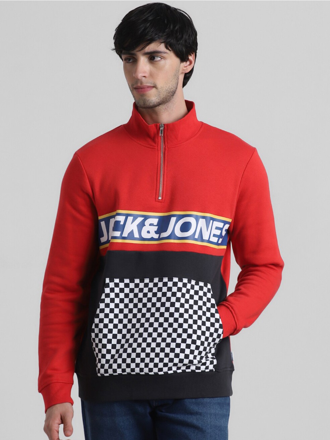

Jack & Jones Colourblocked Mock Collar Pullover Sweatshirt, Red