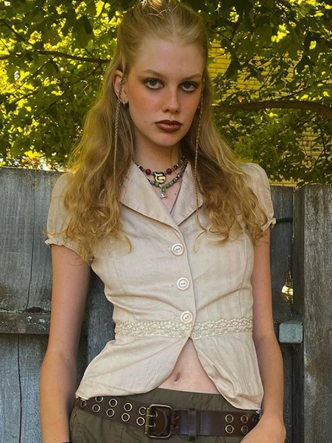 

LULU & SKY Print Lace Shirt Style Top, Khaki