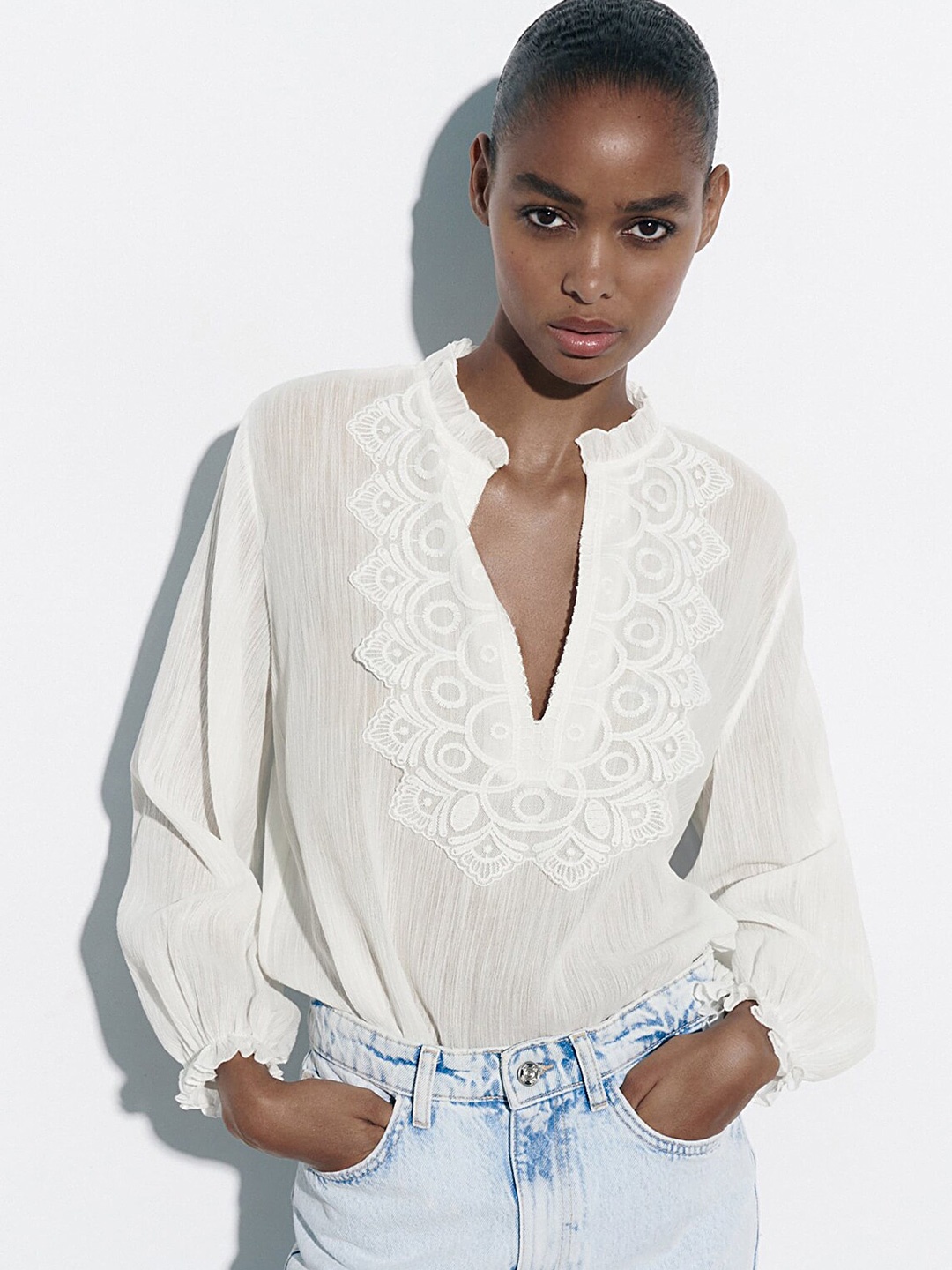 

LULU & SKY Self Designed Mandarin Collar Pure Cotton Lace Top, White