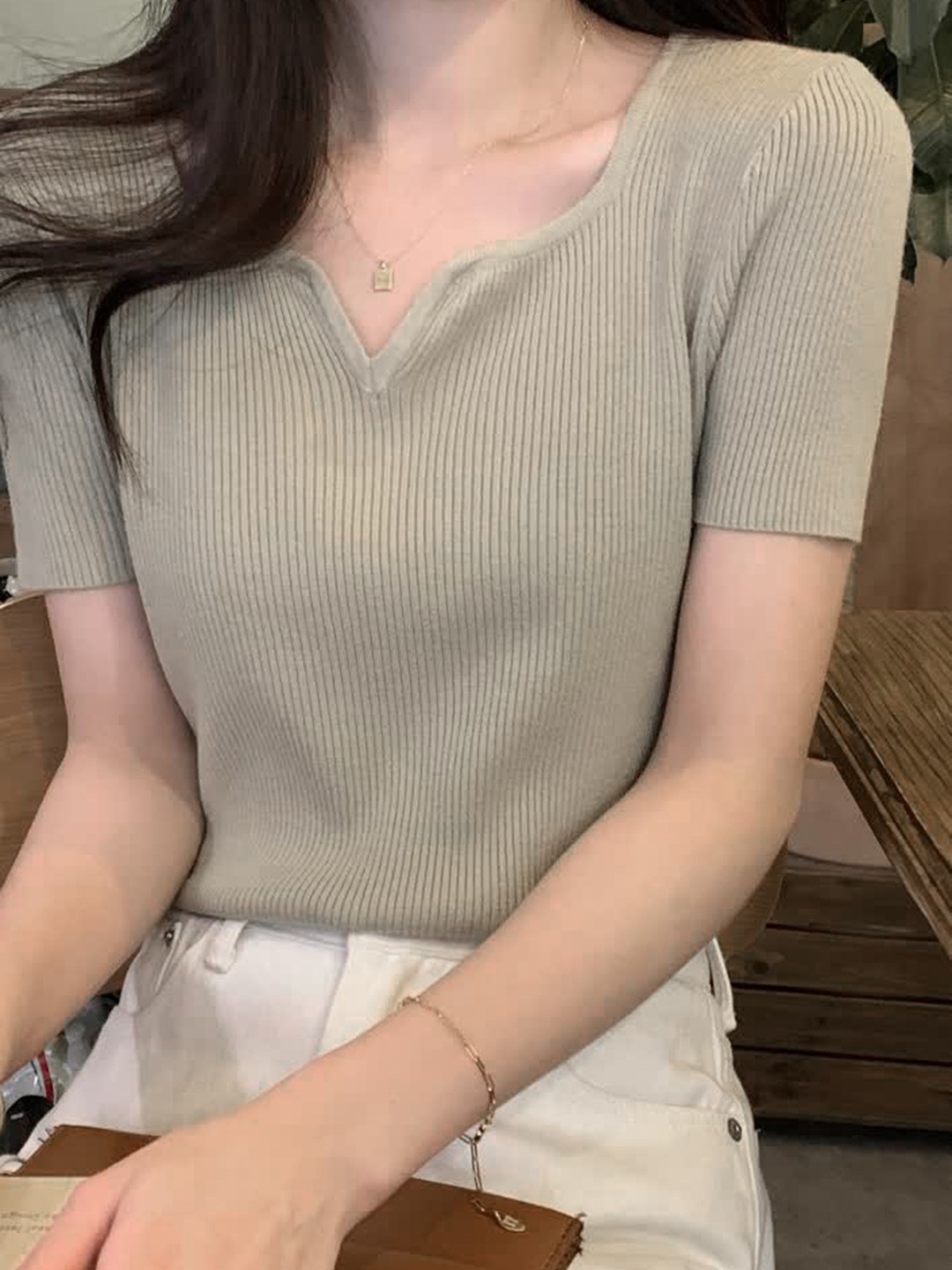 

LULU & SKY Striped Notched Round Neck Knitted Regular Top, Khaki