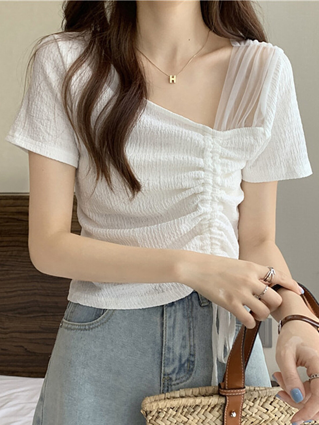 

LULU & SKY Self Design V-Neck Tie-Ups Detail Ruched Top, White