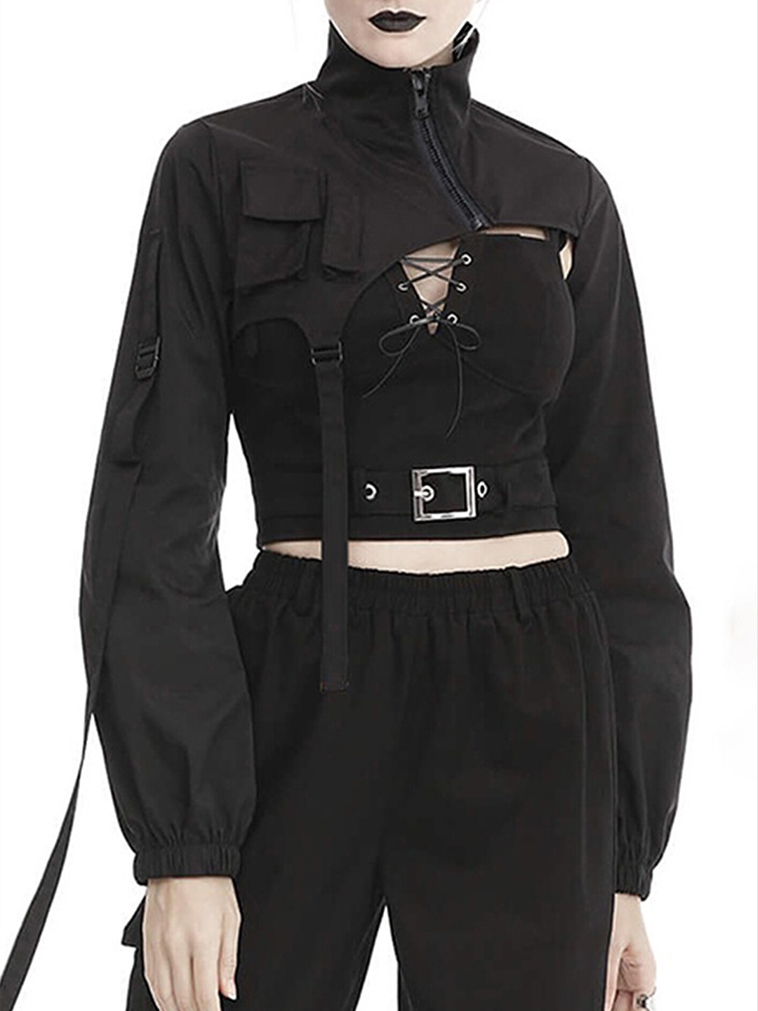

LULU & SKY High Neck Tie-Up Detailed Cuffed Sleeves Jacket Style Crop Top, Black