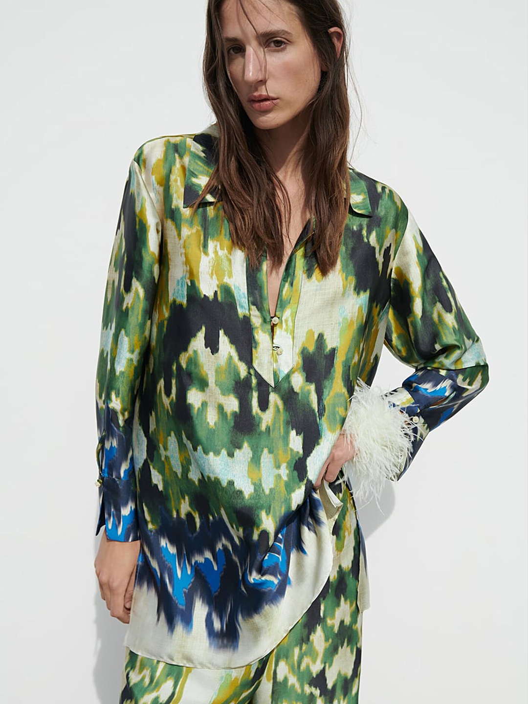 

LULU & SKY Abstract Printed Shirt Style Top, Green