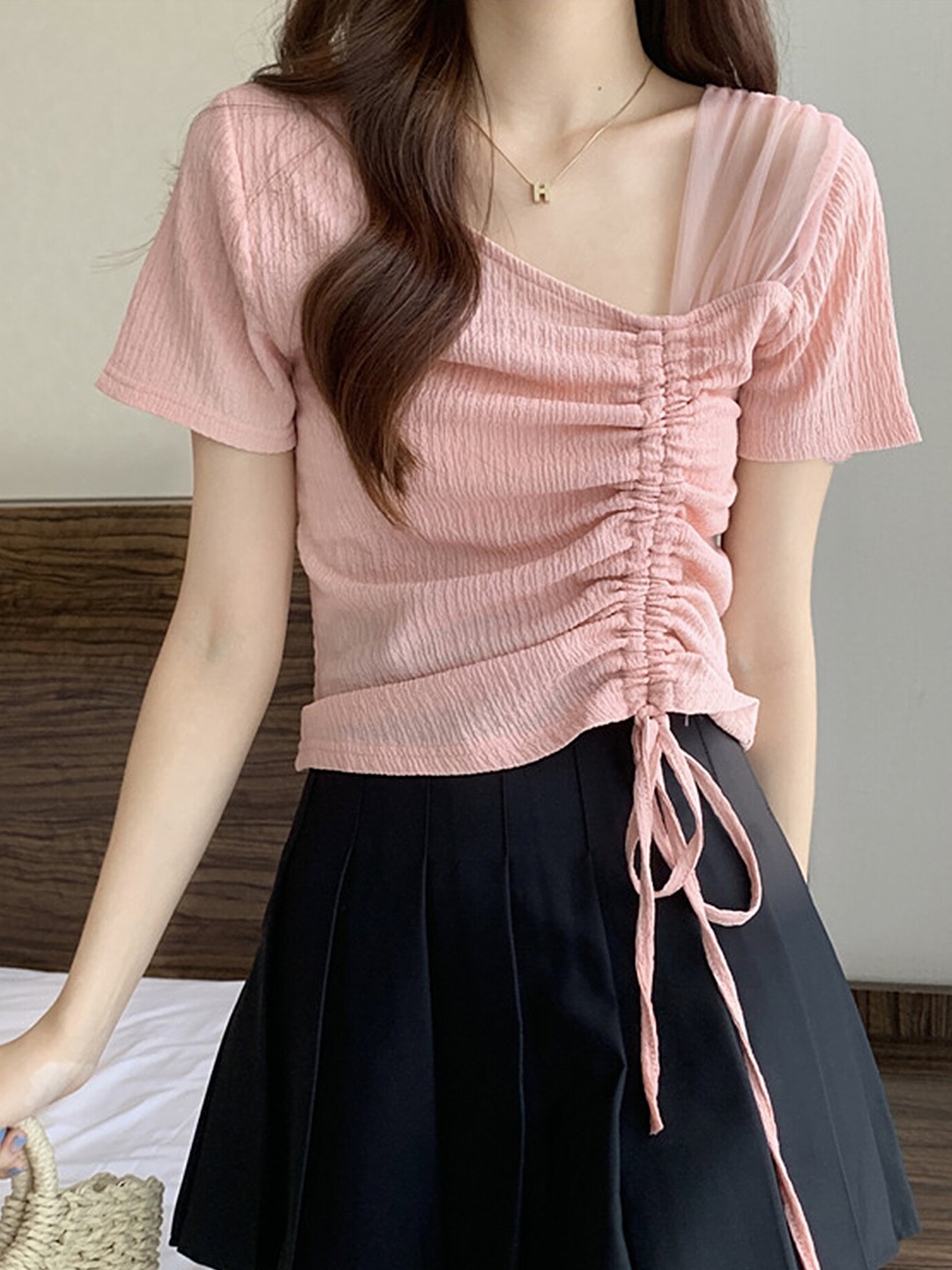 

LULU & SKY V-Neck Self Design Ruched Top, Pink