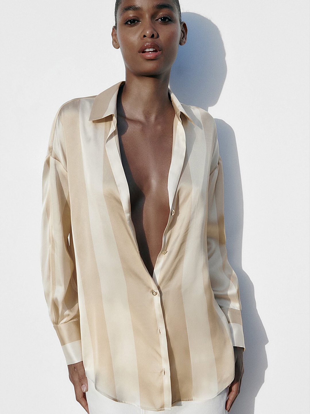 

LULU & SKY Vertical Striped Drop Shoulder Sleeves Casual Oversized Shirt, Beige