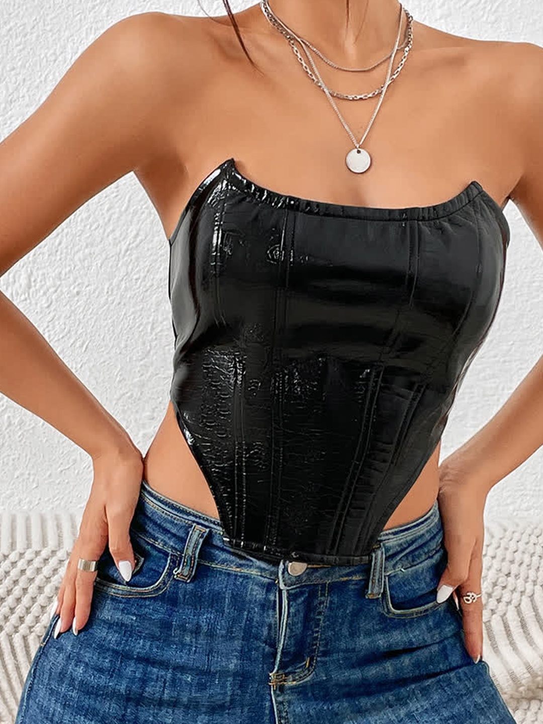 

LULU & SKY Faux Leather Strapless Corset Crop Top, Black