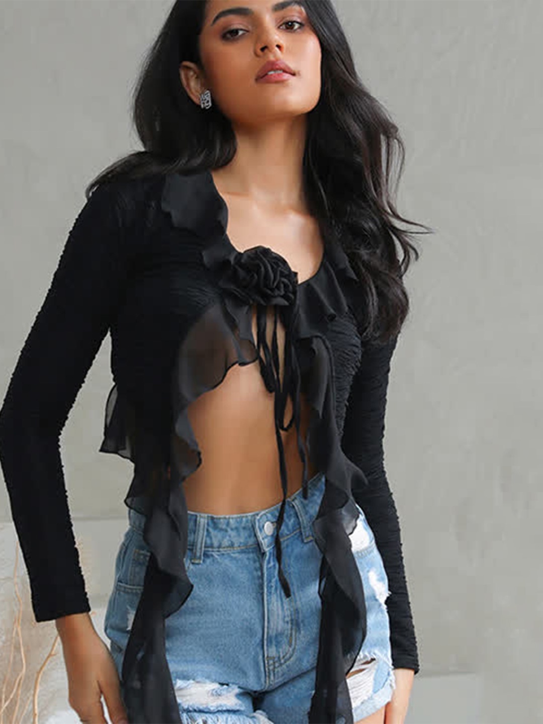 

LULU & SKY Tie-Up Neck Ruffled Detail Crop Top, Black