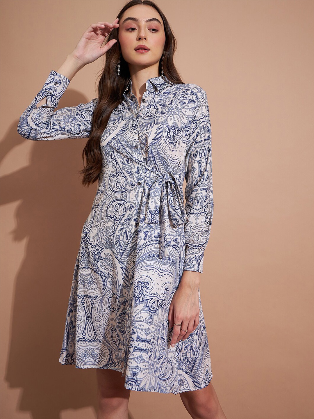 

DressBerry Blue Ethnic Motifs Printed Tie Ups A Line Dress