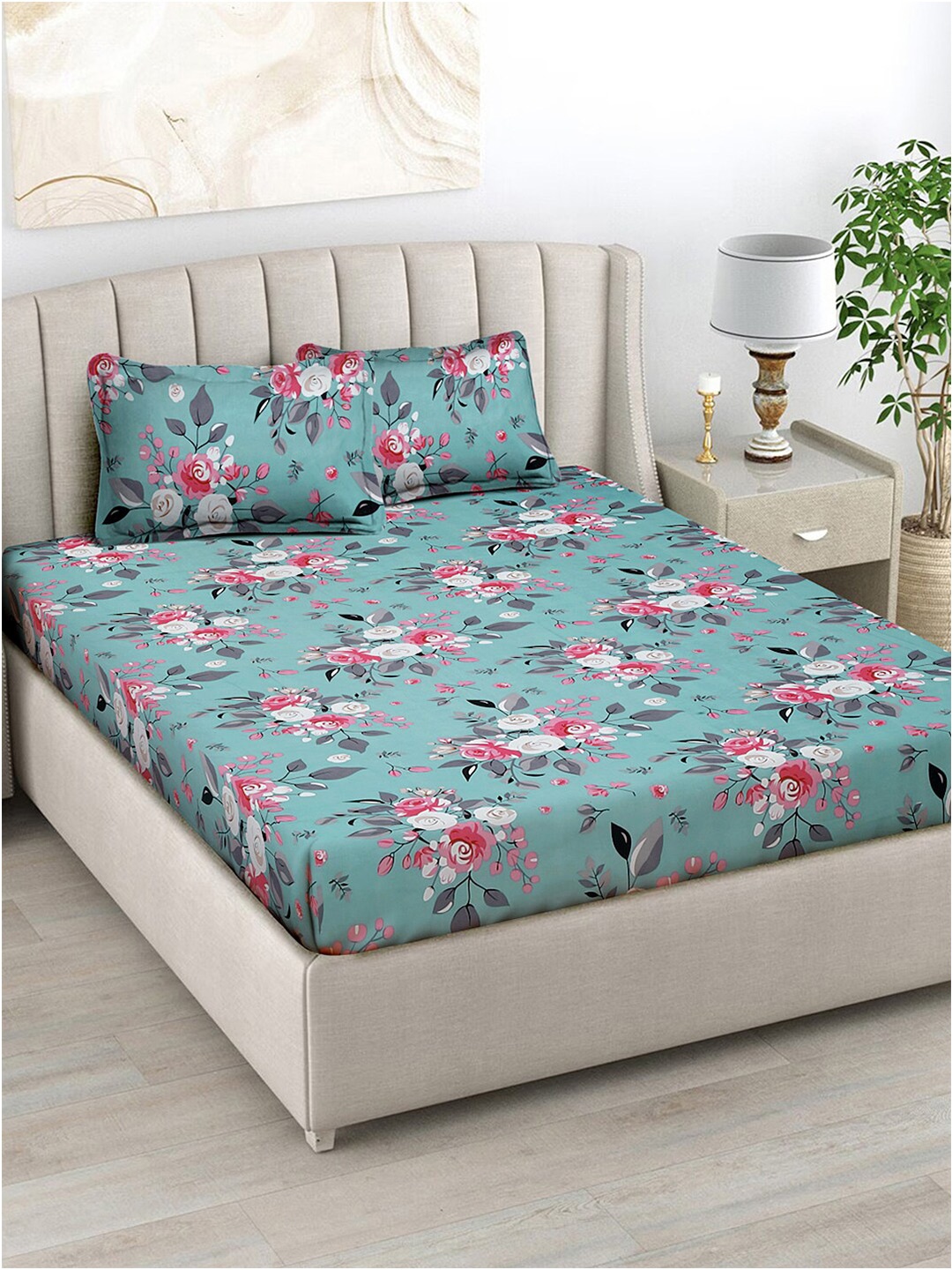 

FABINALIV Blue & Pink Floral Print 300 TC Fitted King Bedsheet & 2 Pillow Covers, Turquoise blue