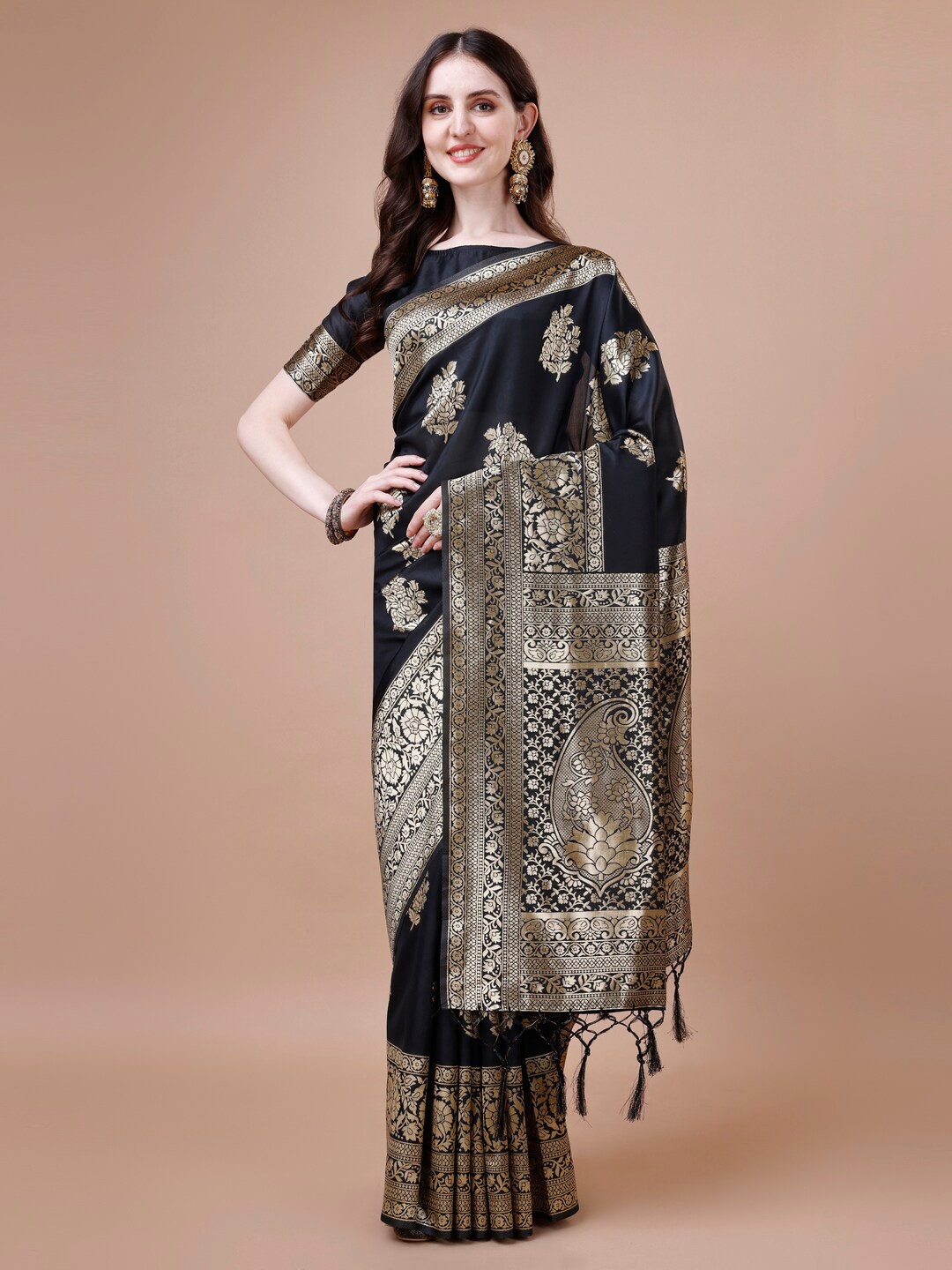 

DIVASTRI Ethnic Motifs Woven Design Zari Banarasi Saree, Black