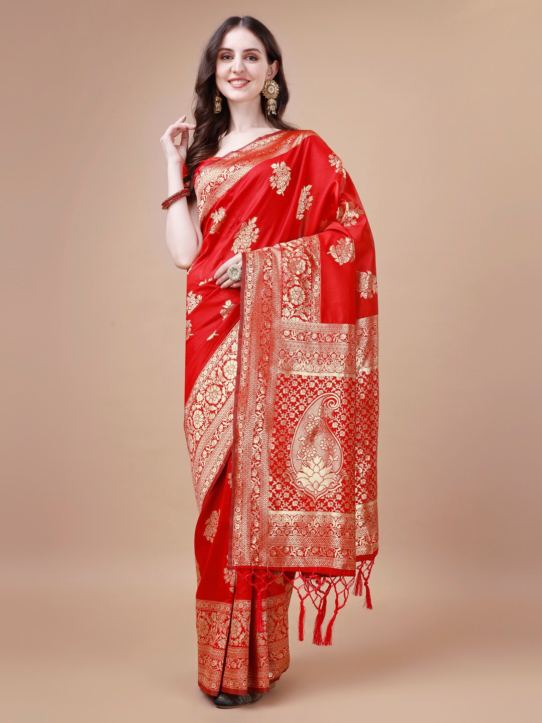 

DIVASTRI Ethnic Motifs Woven Design Zari Banarasi Saree, Red